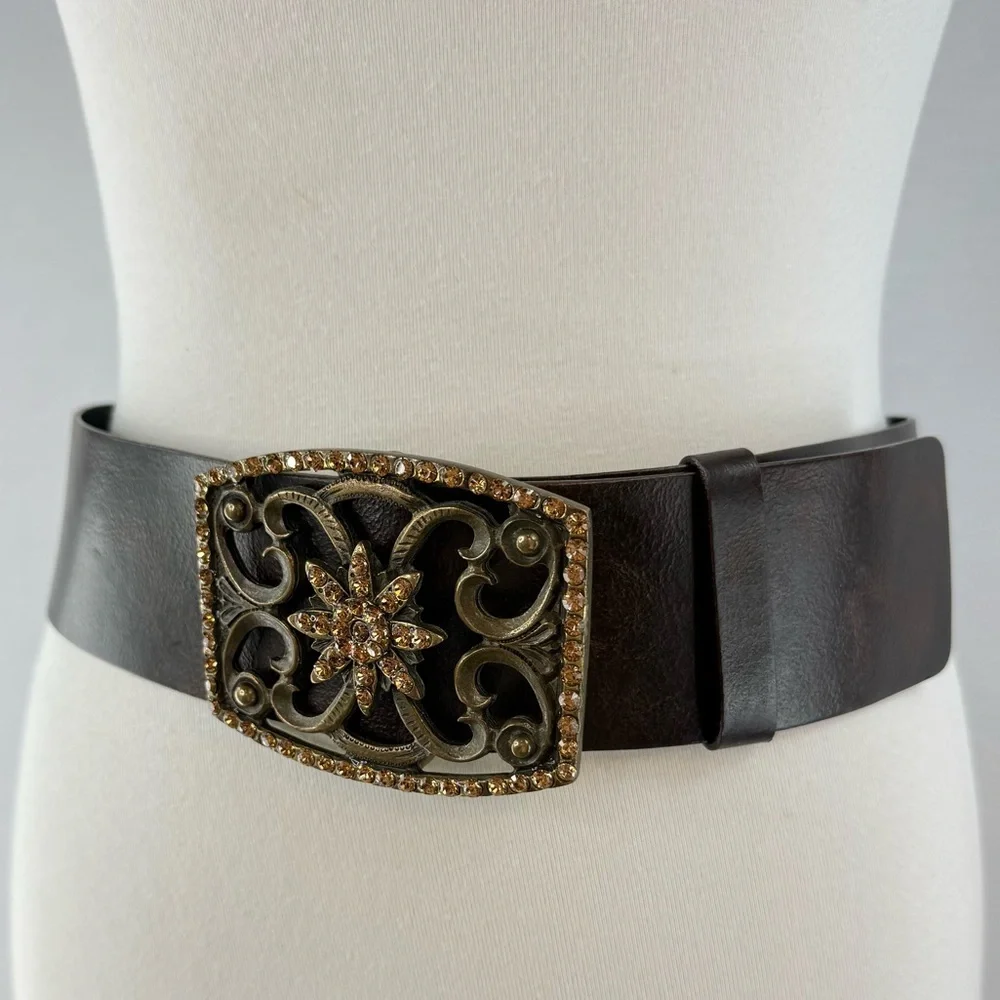 Stunning Brown Leather Wide Belt with Rhinestone Embellished Bronze Buckle